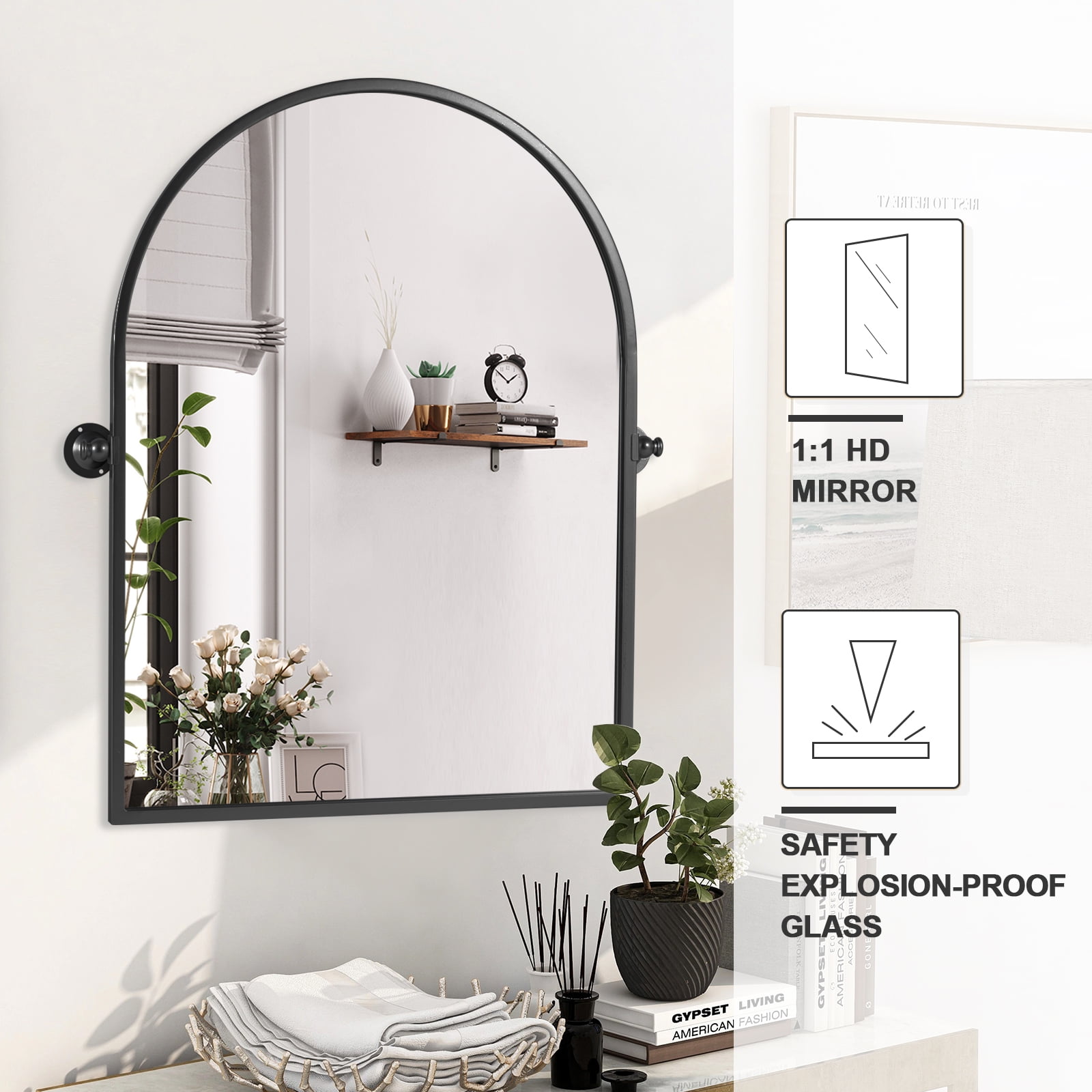 MAYEERTY 36x24 Iron Rounded Arch Black Hardware Hanging Mirror