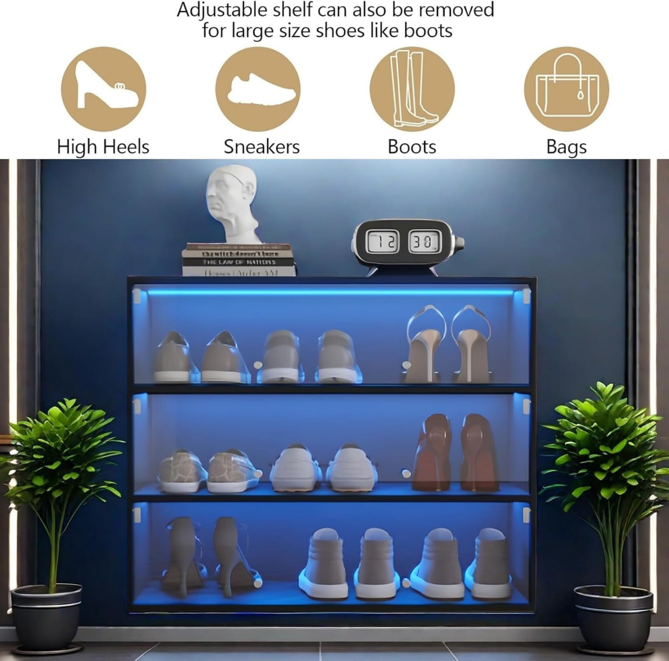 DEALTOPS Modern 3-Tier Shoe Cabinet with LED Lights, Wooden Shoe Storage Box with Glass Doors, Black