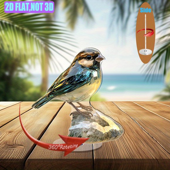 Revolving acrylic ornament featuring a vibrant finch on a rock in a meadow with sparkling glass texture and ultra-realistic details