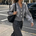 thumbnail image 3 of Rrxhxhs Cardigan Sweaters for Women Argyle V-Neck Knit Button Front Long Sleeve Cropped Vintage Casual Layering Top, 3 of 8