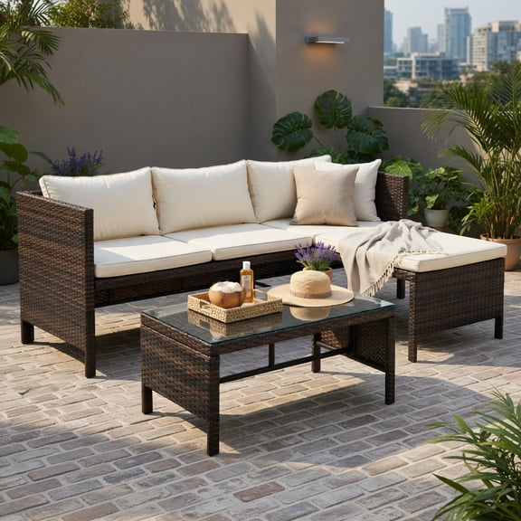 Hommoo 3-Piece Outdoor Wicker Patio Sofa Set with Tempered Glass Coffee Table, L-Shaped Sectional for Backyard, Deck or Balcony, Gray