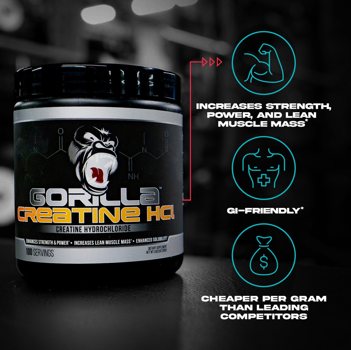 Gorilla Mind Creatine HCl Powder with Pepsin, Unflavored, 100 Servings