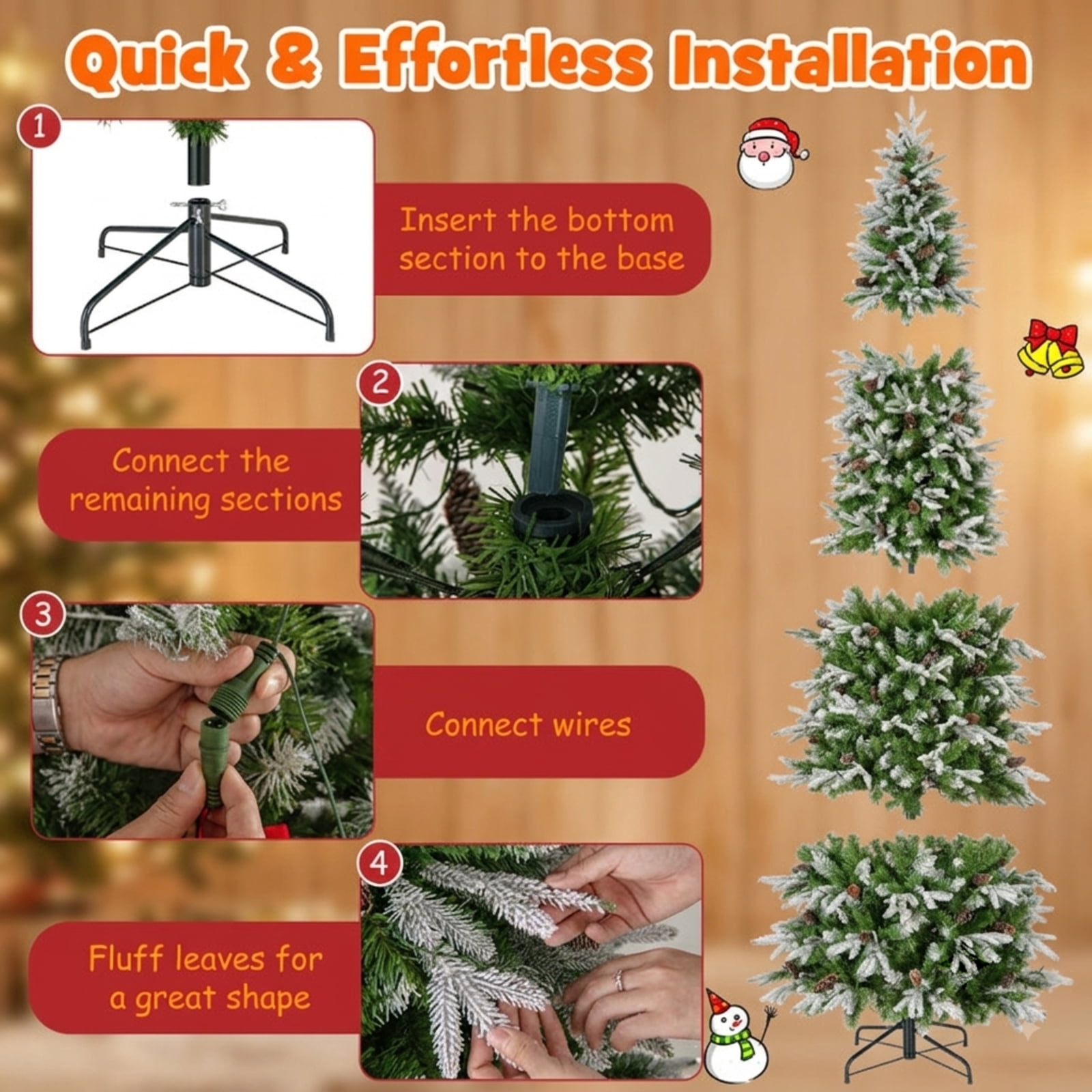 RUIE 9 ft Snow Flocked Christmas Tree, Tall Pre-Lit Green White Xmas Tree with 470 LED Lights, 1310 Branch Tips and 98 Pine Cones