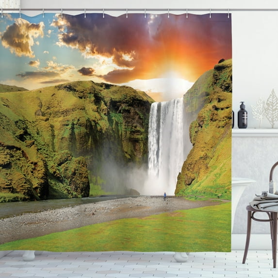 Iceland Shower Curtain, Skogafoss in Iceland at Sunset Dramatic Scenery Streaming Waterfall Nature Scene, Fabric Bathroom Set with Hooks, 69W X 70L Inches, Multicolor, by Ambesonne