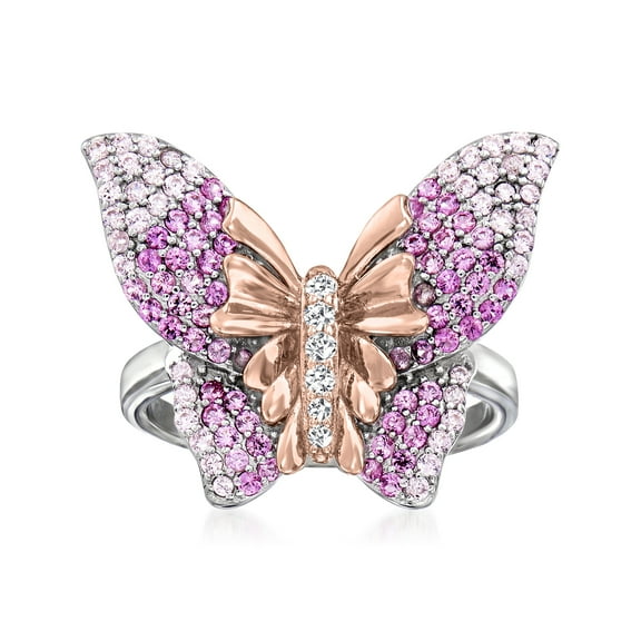 Ross-Simons 0.80 ct. t.w. Simulated Pink Sapphire Butterfly Ring With CZ Accents in 2-Tone Sterling Silver, Women's, Adult