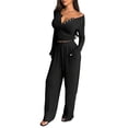 thumbnail image 3 of Women'S 2 Piece Matching Lounge Sets Long Sleeve Henley Neck Slightly Crop Top Wide Leg Pants Sweat Suit Black XL, 3 of 9