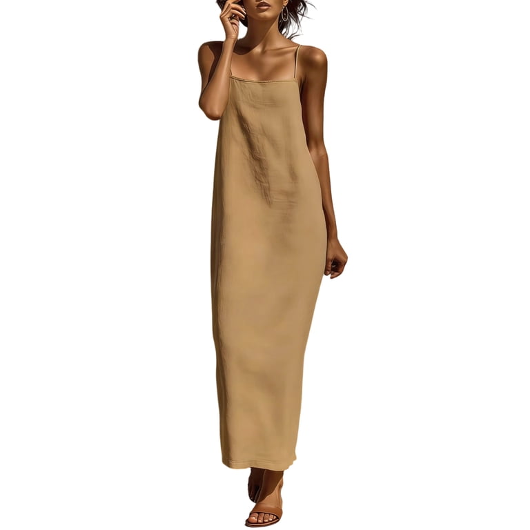 HOMBOM Womens Long Dresses Boho Khaki Solid Color Casual Summer Slip Dress for Ladies Sleeveless