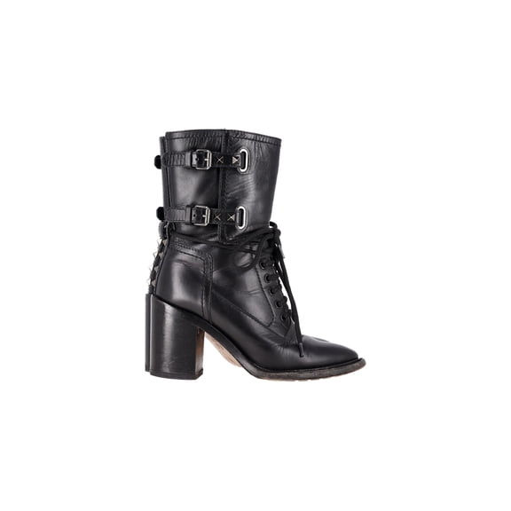 Pre-Owned Valentino Garavani Rockstud Double-Buckle Heeled Boots in Black Leather