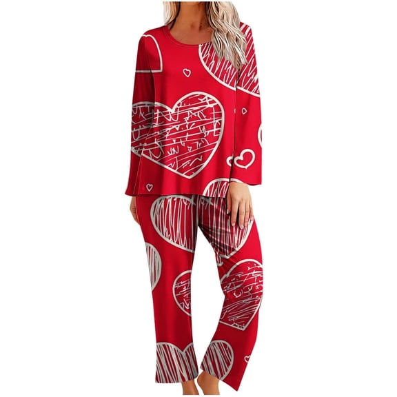 Cavosen Valentine's Day Holiday Pajamas for Women Long Sleeve Soft Crew Neck Shirt Wide Leg Pants Heart Printed Breathable Casual Nightwear Red L