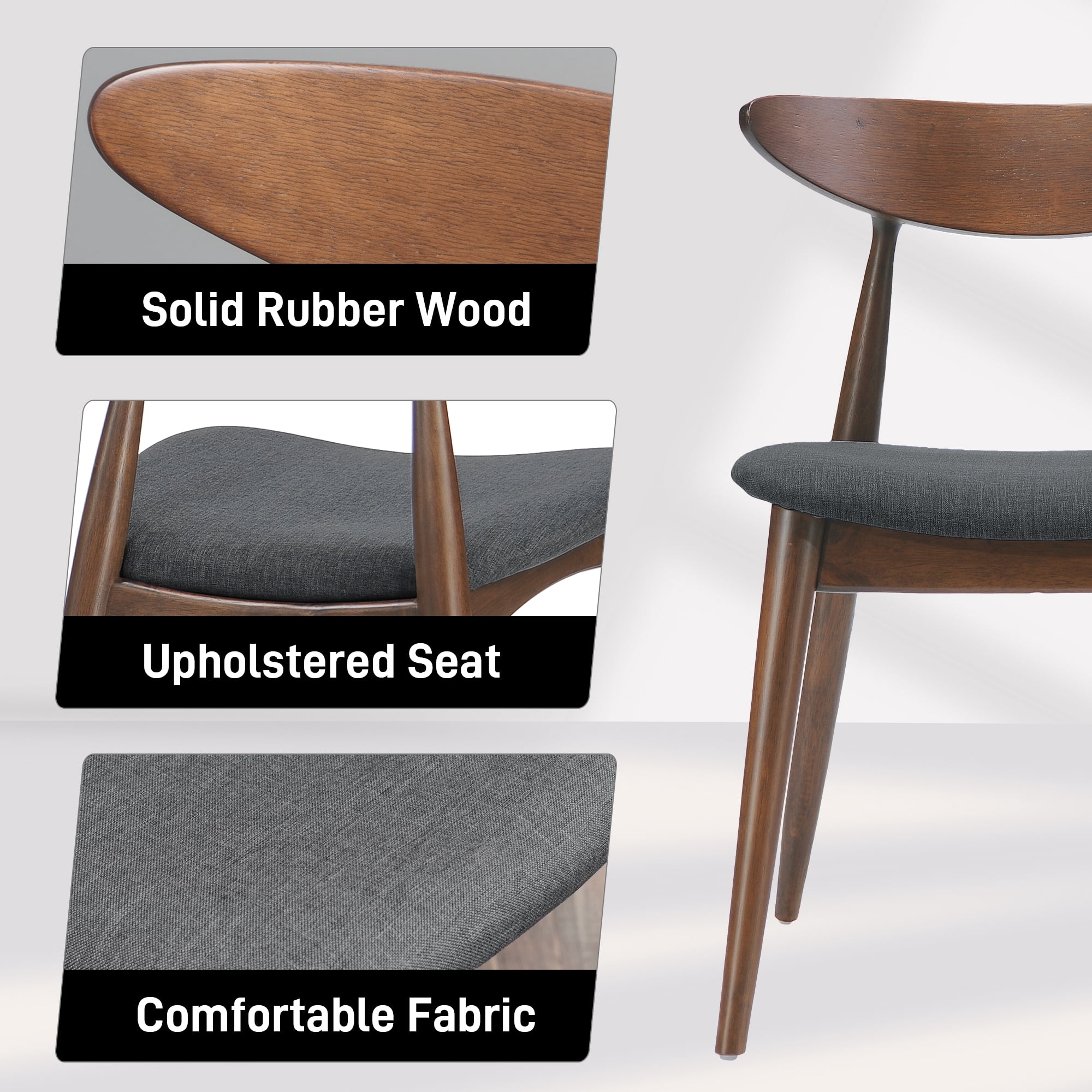 Aukfa Dining Chairs Set of 2, Mid Century Wood Side Chairs with Curved Backrest and Upholstered Seat, Dining Room Chairs for Kitchen, Living Room, Dark Brown