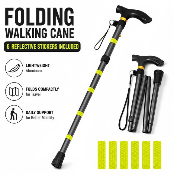 Folding Cane for Men & Women, Adjustable Height Lightweight Aluminum Walking Stick with Ergonomic Handle & Non-Slip Tip, Collapsible Travel Cane for Seniors, Elderly & Injured