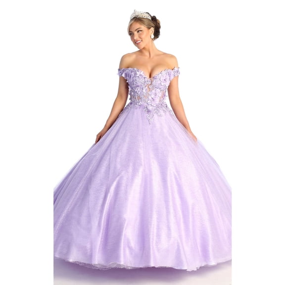 Women's Layla K Quinceanera Dress Ball Gown Off The Shoulder Floral Corset Style LK166 Lilac Lavender 14
