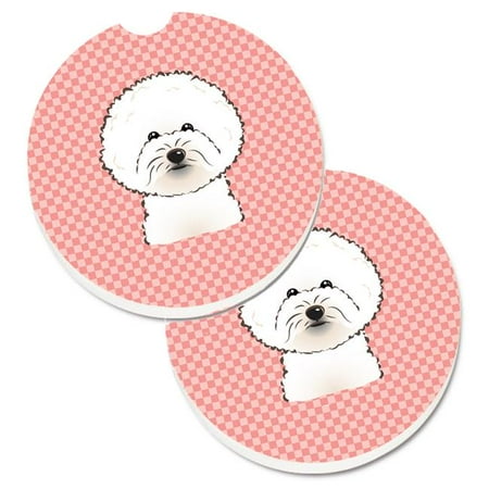 

Checkerboard Pink Bichon Frise Set of 2 Cup Holder Car Coaster