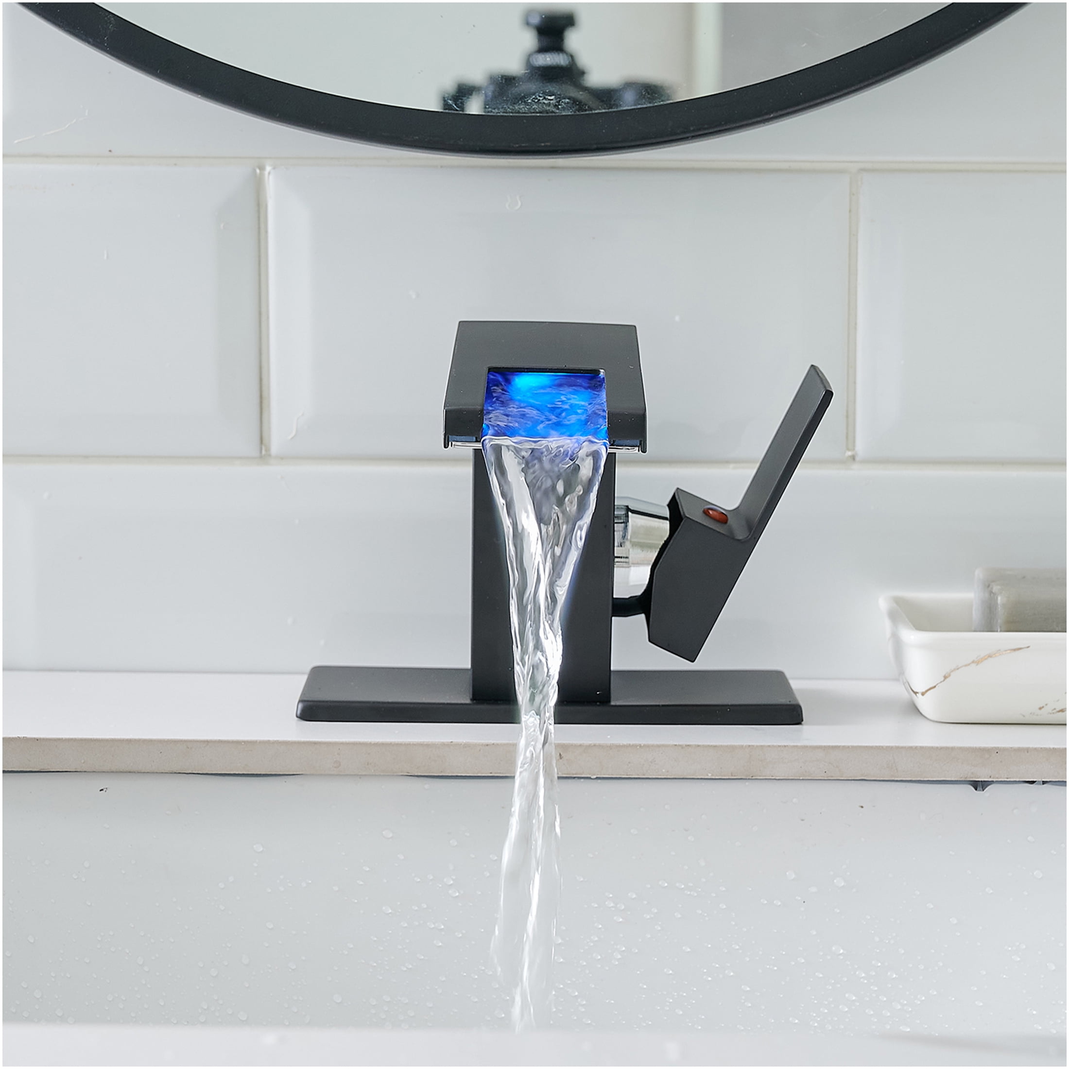 JERFIT 1-Hole LED Waterfall Bathroom Sink Faucet, Single Handle Black Brass Faucet with Temperature Sensing Light for Vanity Basin