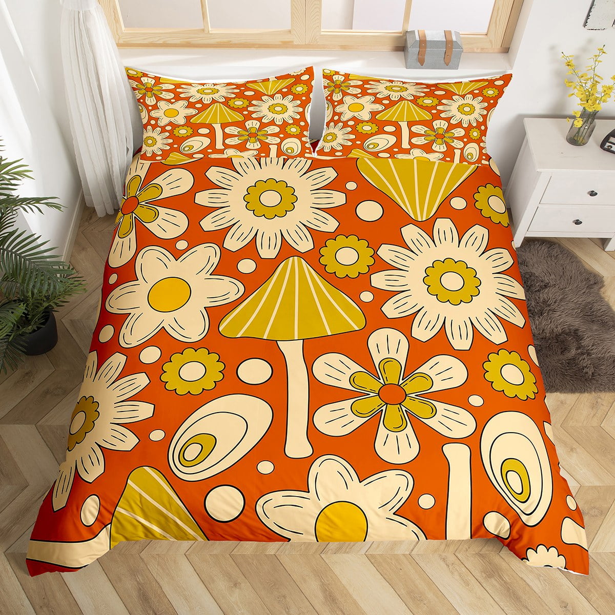 Groovy Flower Duvet Cover Full for Teens Youth,Vintage 60s 70s Floral