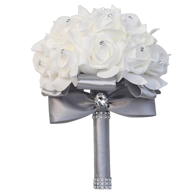 Nvzi Ramo de novia de rosas artificiales, ramo de flores grises para dama de honor con cintas de diamantes, ramos de flores falsas para bodas, compromisos, iglesias
