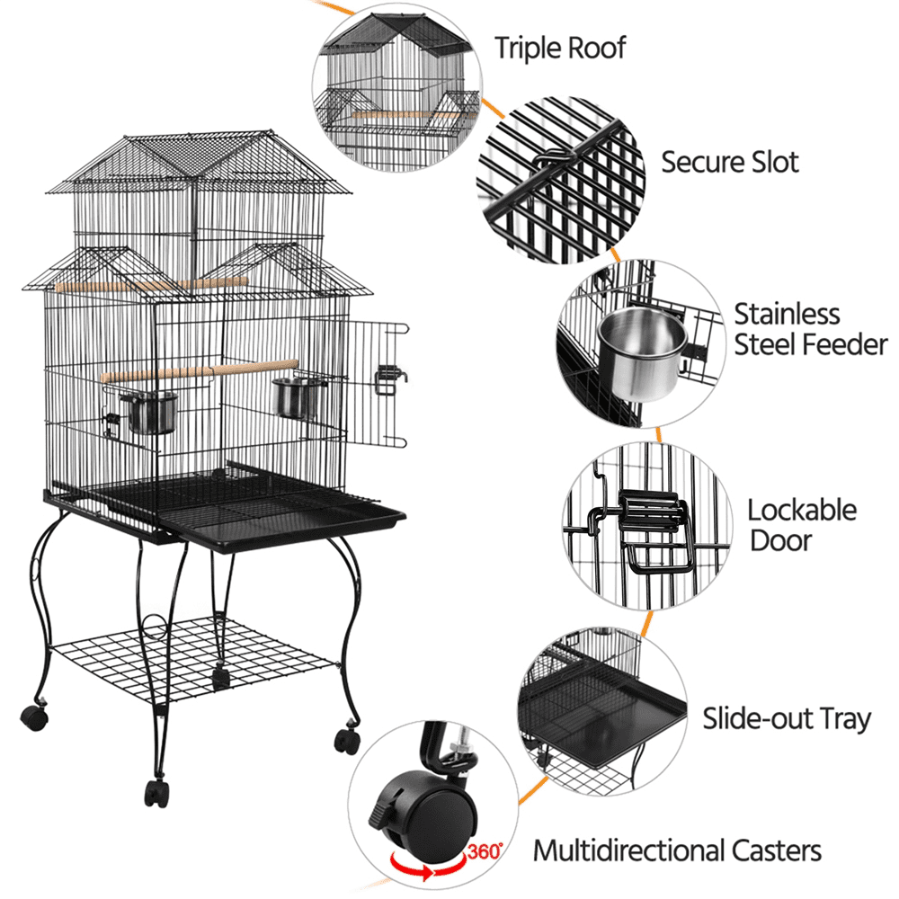 Renwick 55'' Metal Rolling Bird Cage With Stand, Black