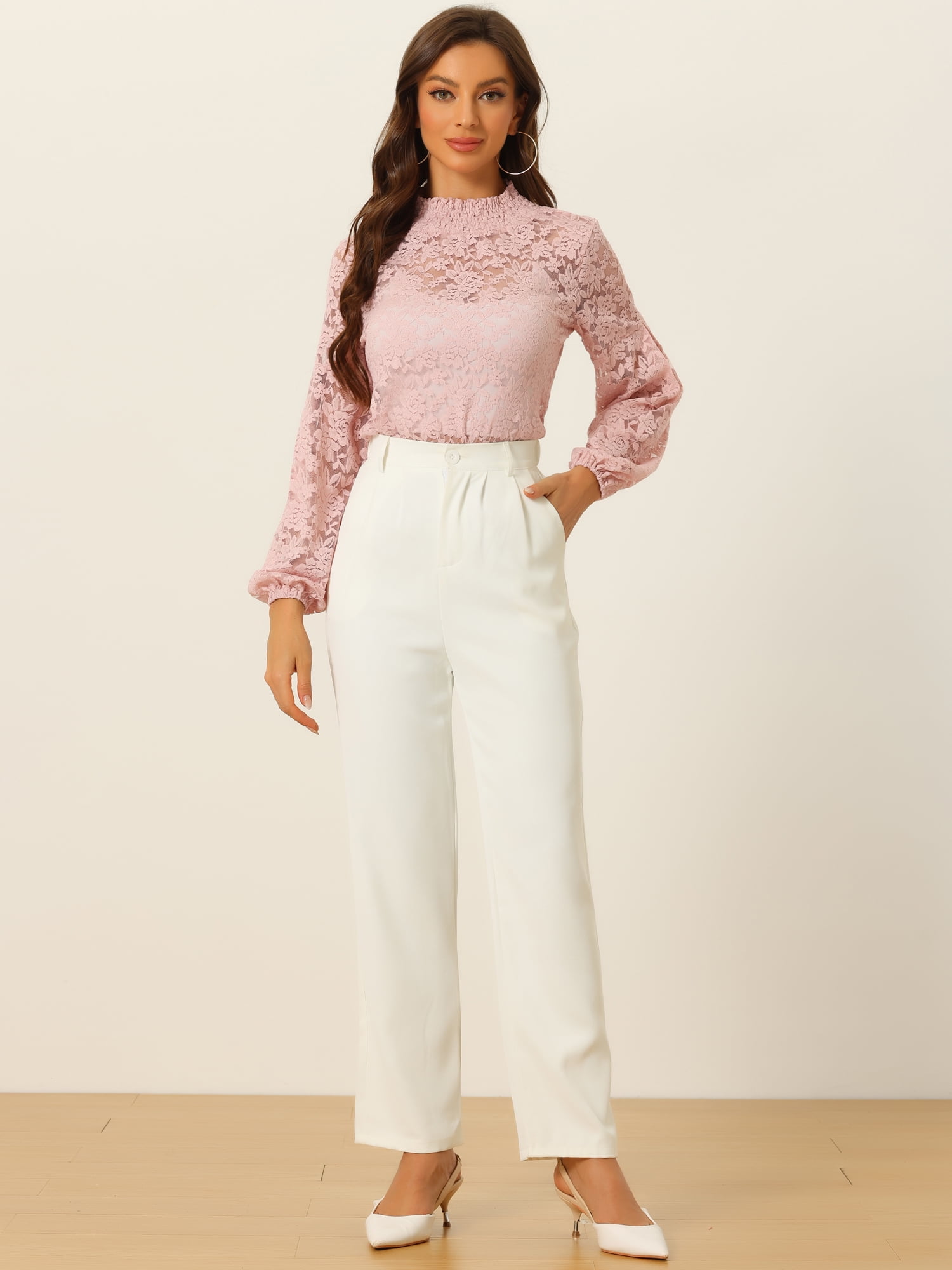 DARING DIVA Lace Elastic Cuff Long Sleeves Vintage Blouse XL Pink