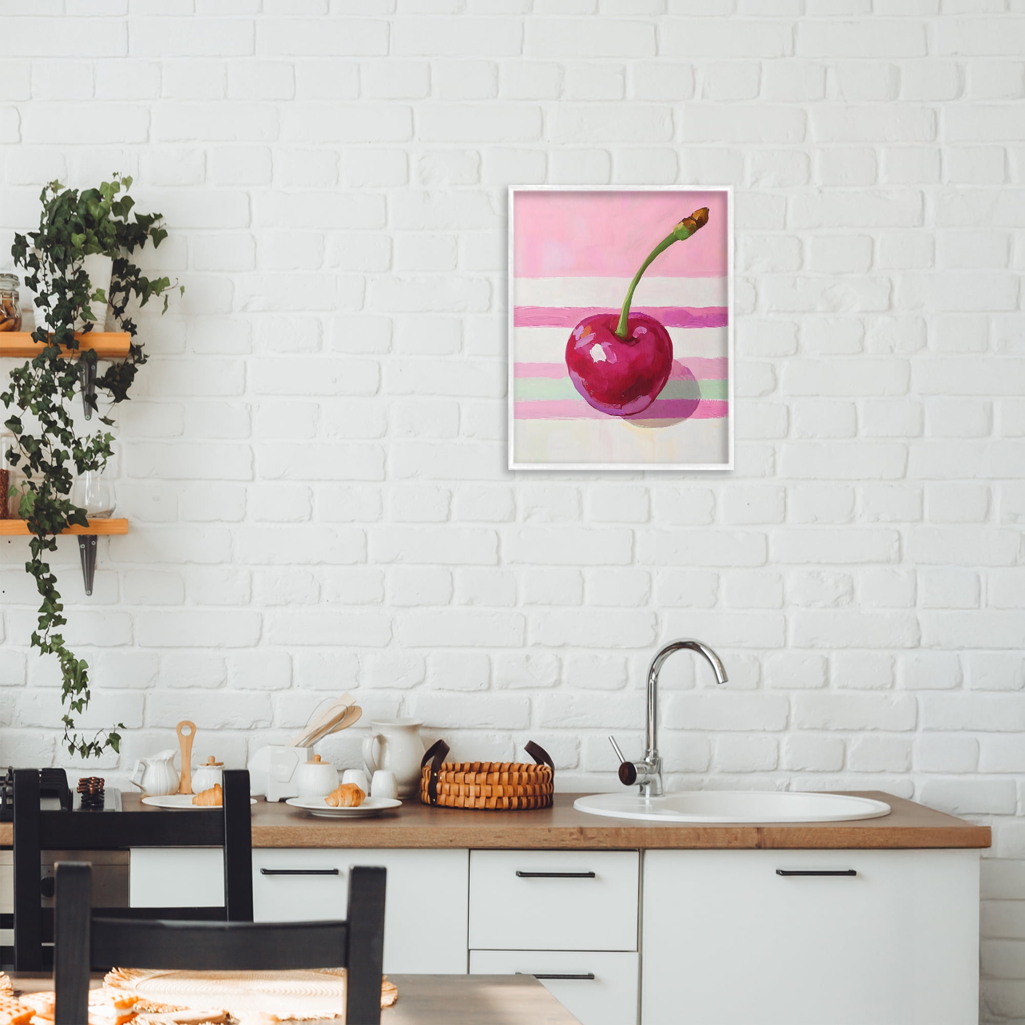 Stupell Industries Cherry on Pink Stripes White Framed Giclee Art, design by The Prints Vibe