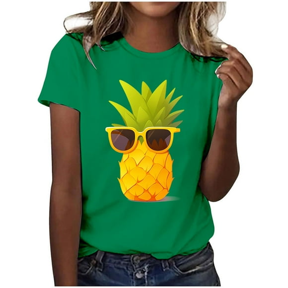 HXWCHs Women's Solid Color T-shirtStylish Casual Summer Pineapple Graphic Print Short Sleeve Tee Shirt top for Women M Green