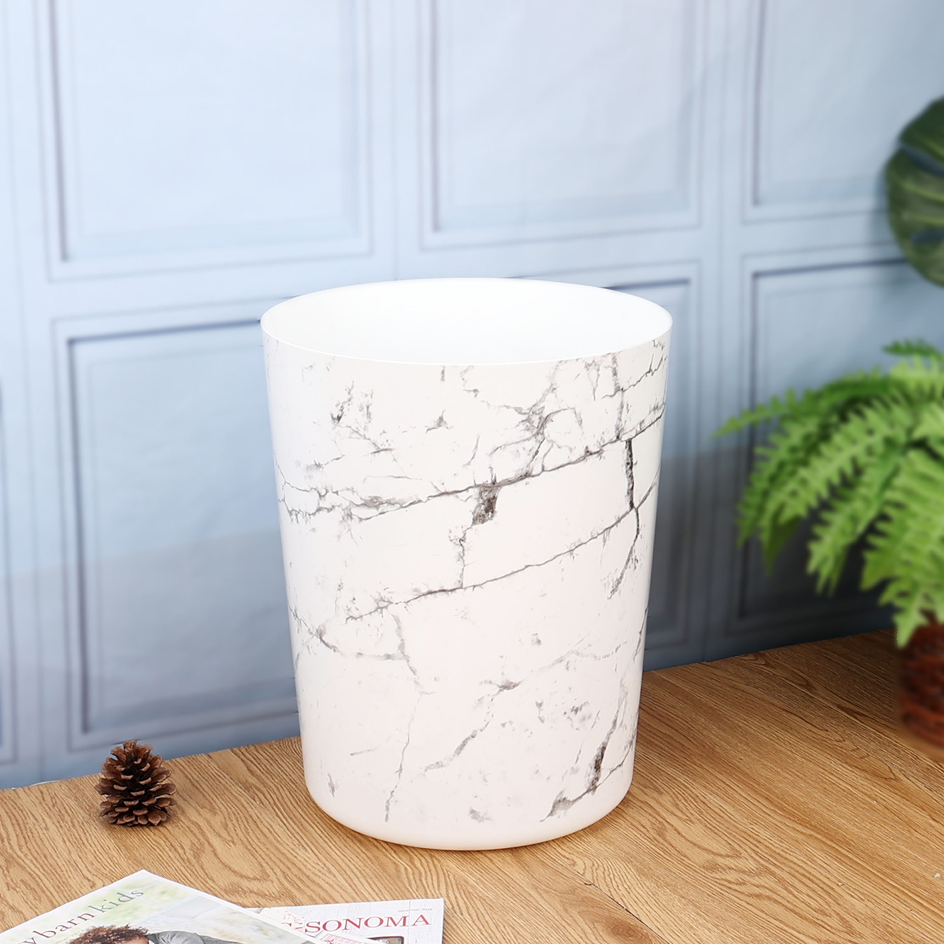 (2 pack) Mainstays Bathroom Trash Can, 5 Gallon Marble Plastic Garbage Bucket Bin with No Lid, White