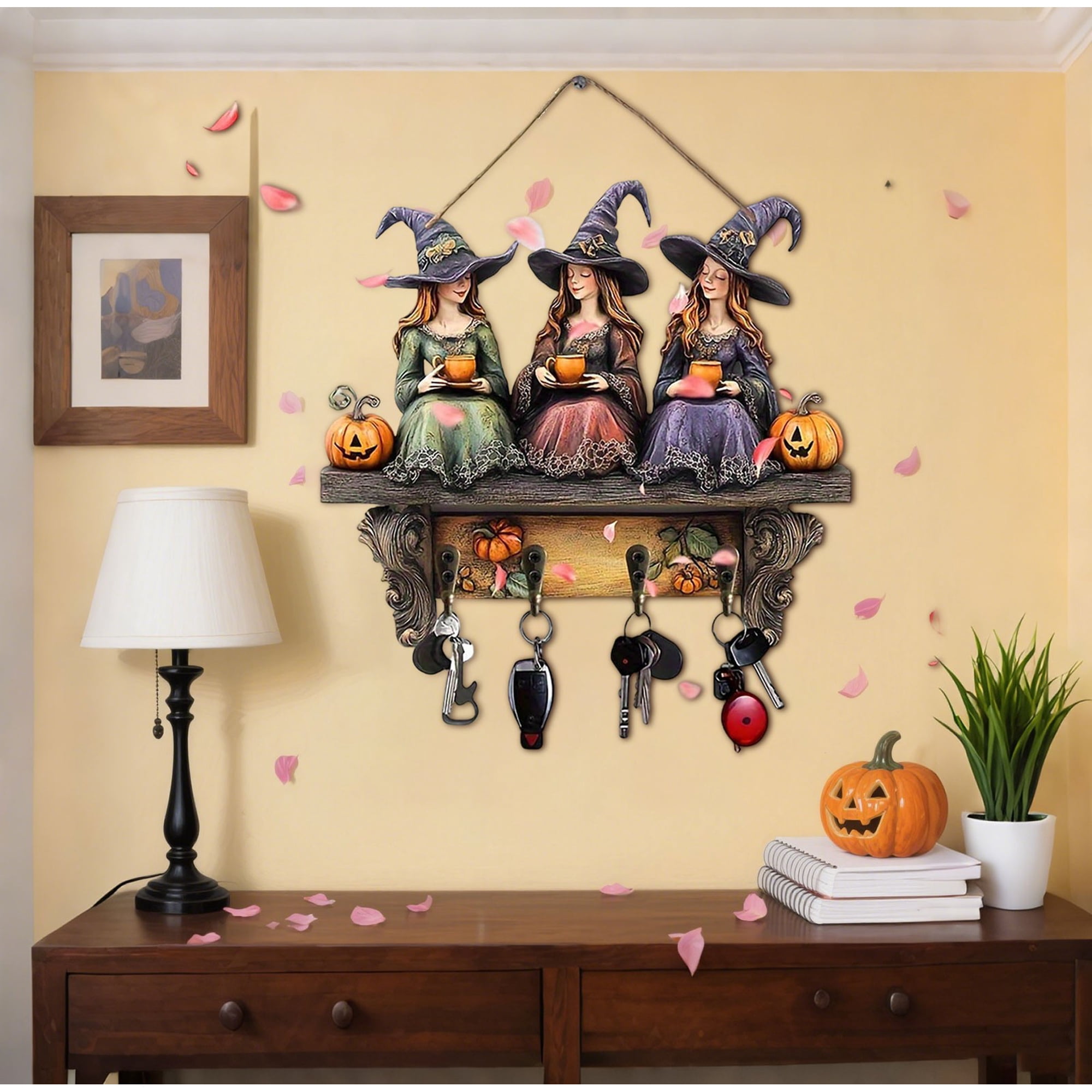 Halloween Witch Key Holder Wooden Hanging Decor with 4 Hooks for Home Decor (9.84 x 8.66 Inch)