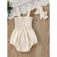 thumbnail image 3 of Cenuakty Baby Summer Jumpsuit Outfit Solid Color Ruched Toddler Girl Casual Sleeveless Suspender Rompers and Headband, 3 of 7