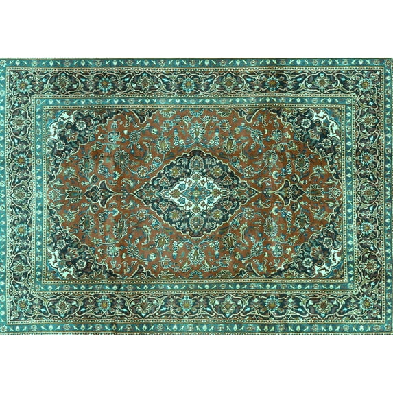 Ahgly Company Machine Washable Indoor Rectangle Medallion Turquoise Blue Traditional Area Rugs, 5' x 8'