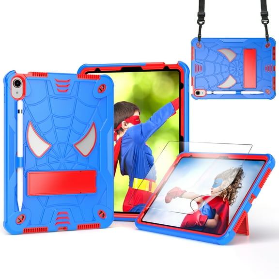 Rugged Shockproof Protective Case for Apple iPad A16 11th Gen 11" 2025 & iPad 10th Gen 10.9" - Heavy Duty 3-Layer Armor, Built-in Kickstand, Shoulder Strap, Pencil Holder, Shock Absorption,Blue Red