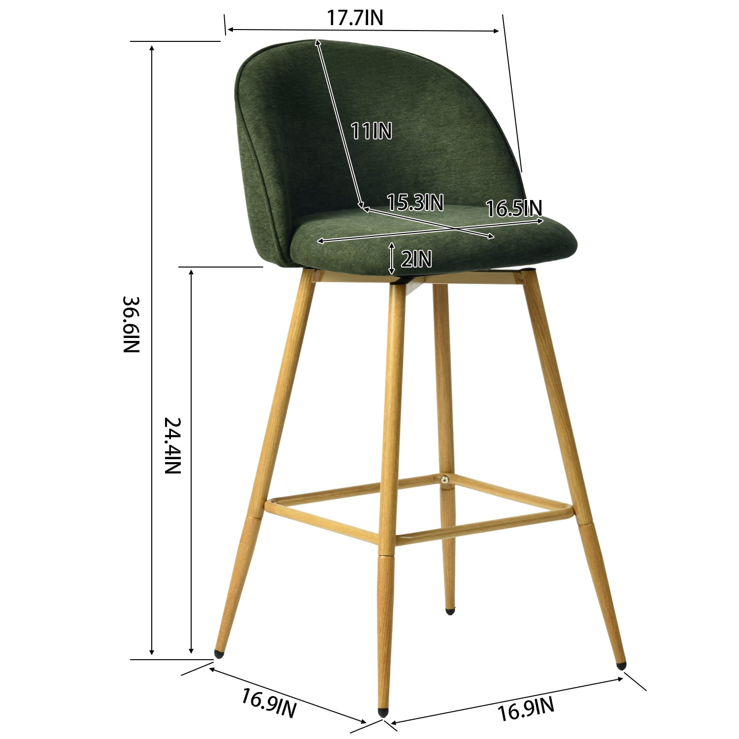 Homy Casa 26" Swivel Counter Height Bar Stools, Set of 2, Kitchen Island Chairs, Forest Green