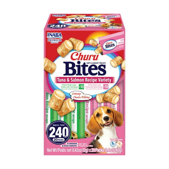 Inaba Churu Bites Soft Baked Dog Treat, 0.42oz Tubes, 20 Tubes, Tuna & Salmon Recipe