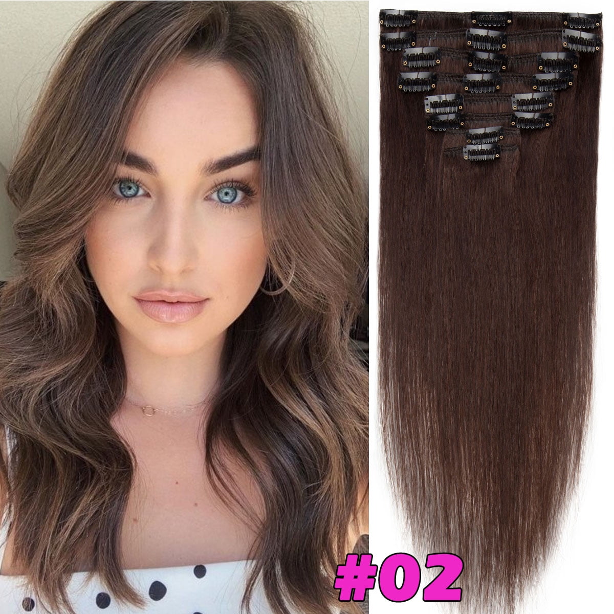 HAIRRO Clip In Human Hair Extensions, Brazilian Hair 8pcs/18Clips Dark Brown to Chestnut Brown Balayage Hair Extensions Full Head Silky Straight 100% Human Hair Clip In Extensions 8Inch-24inch