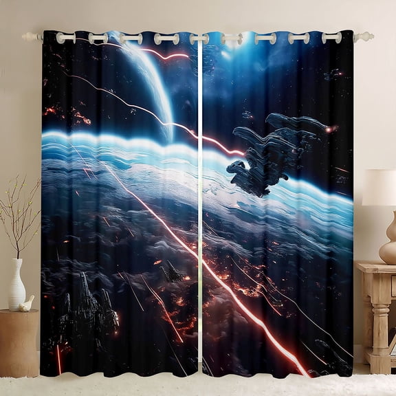 Manfei Cosmic Spaceships Blackout Curtains,Celestial Planet Window Curtains Pack of 2 (38x45 Each),Blue Orange Black