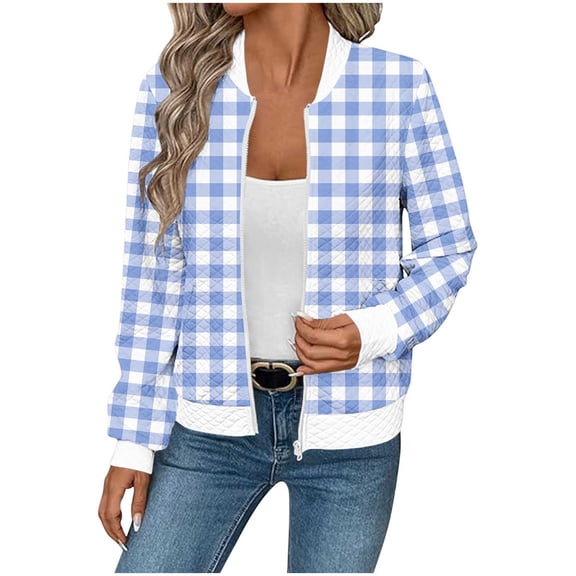 Gytharion Women’s Plaid Jackets Cropped Checkered Long Sleeve Zip Up Coats Waffle Knit Fashion Jackets for Fall and Winter
