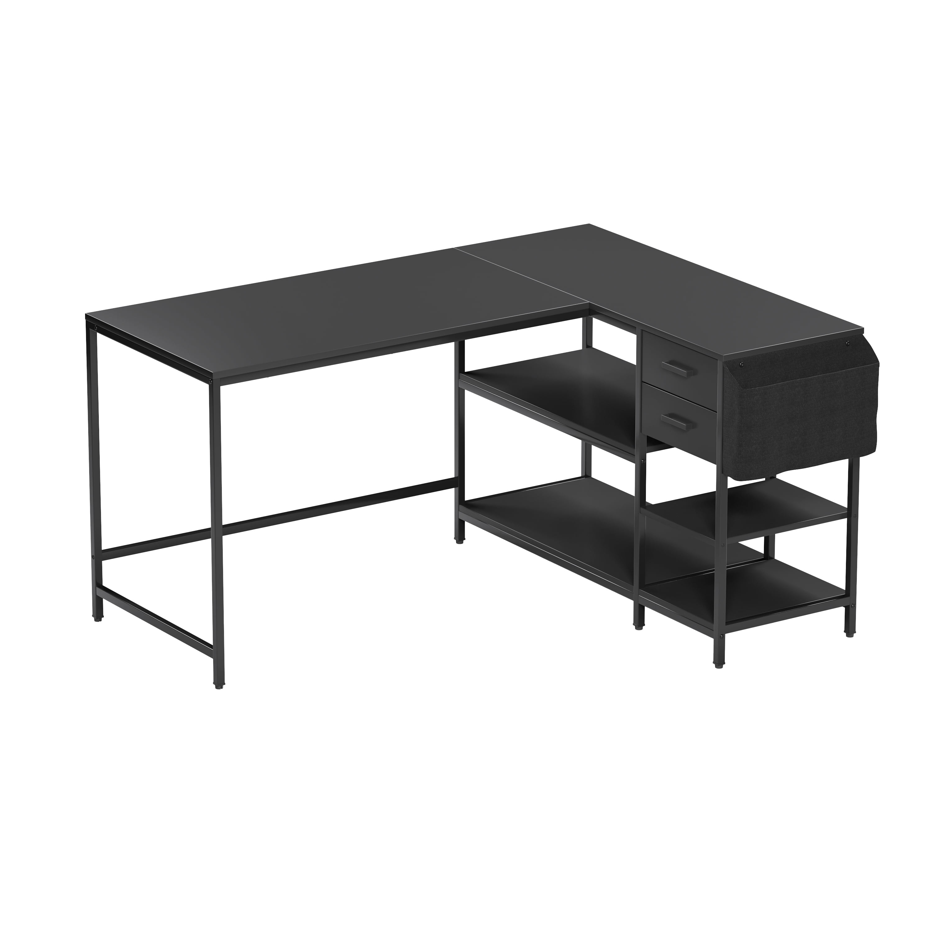 L-Shaped Corner Computer Desk with Storage, Metal Frame Workstation with Open Shelves, 2 Drawers & Fabric Organizer for Home Office Study