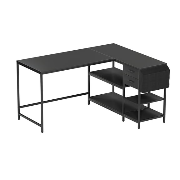 Modern L-Shaped Desk with Storage, Corner Computer Desk for Home & Office with, 2 Drawers, Open Storage Shelves, Fabric Organizer & Sturdy Metal Frame, Black