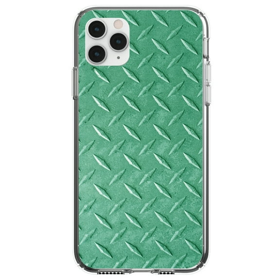 DistinctInk Clear Shockproof Hybrid Case for iPhone 13 (6.1" Screen) - TPU Bumper, Acrylic Back, Tempered Glass Screen Protector - Green Diamond Plate Steel Image Print - Faux Diamond Plate