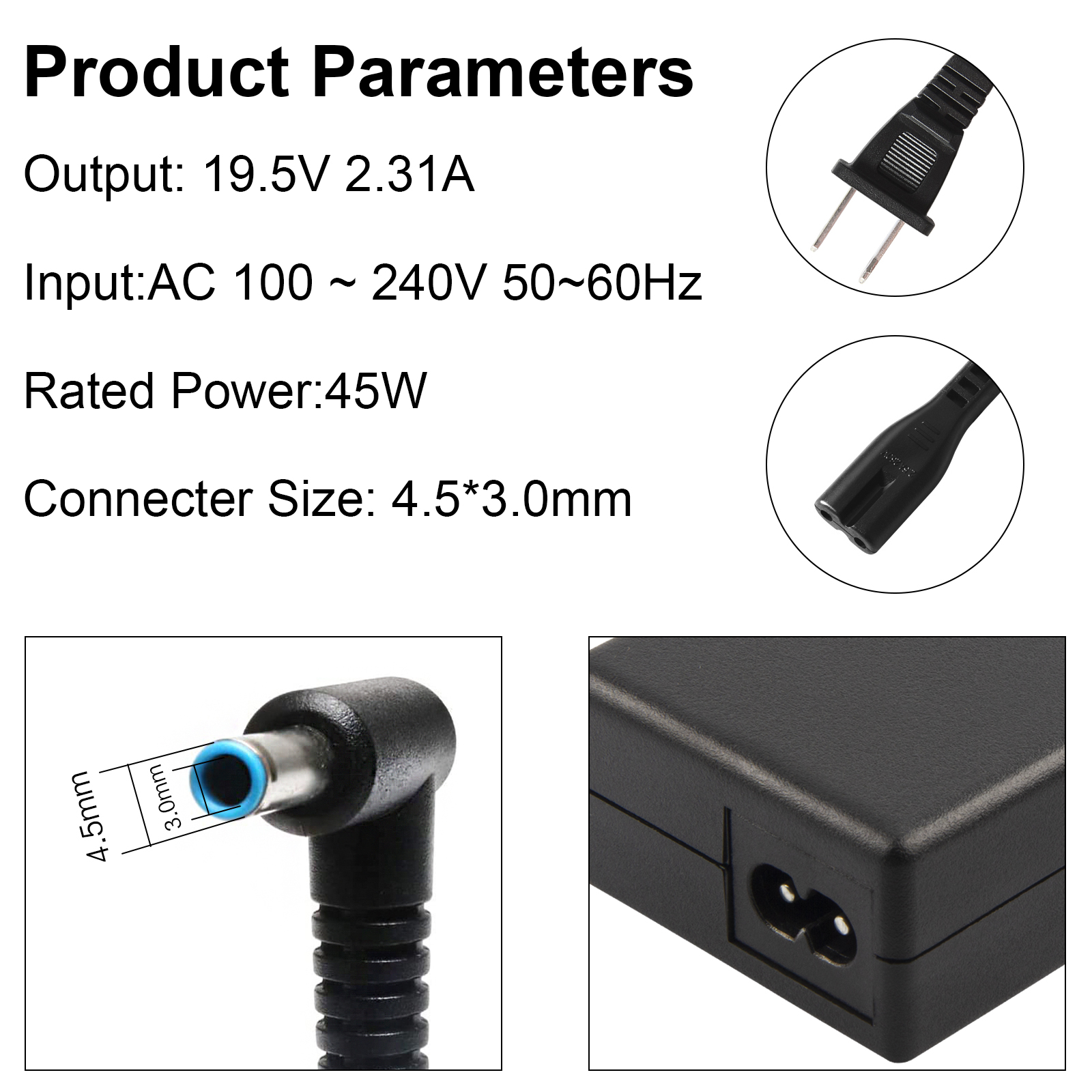 ABLEGRID 45W AC Adapter Charger For HP Laptops - 19.5V 2.31A Power Supply 740015-002 719309-003