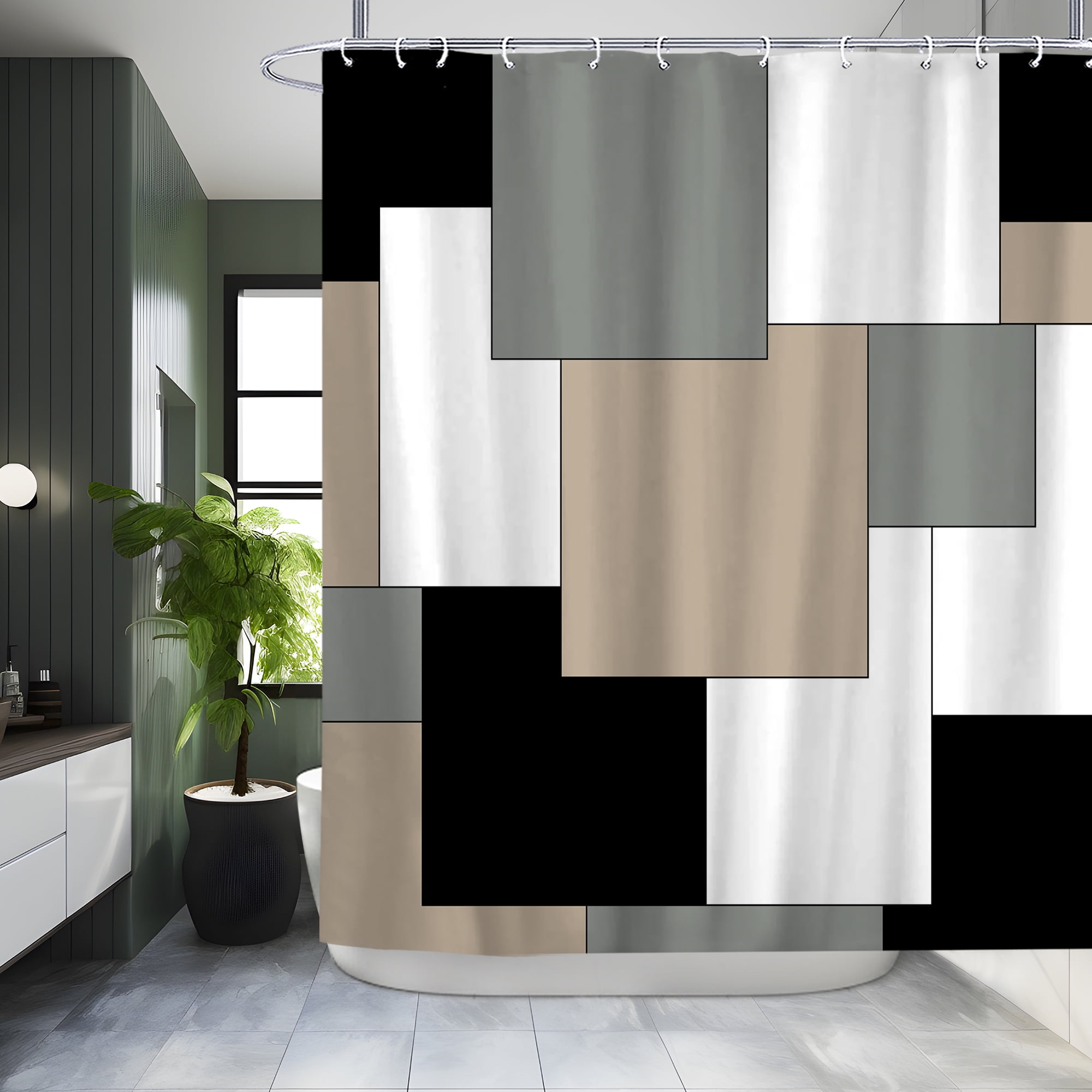 Poedist 4Pcs Shower Curtain Set, Bathroom Sets with Shower Curtain and Rugs, with Non-Slip Rugs,Toilet Lid Cover,Bath Mat and 12 Hooks,71 x 71 inch, Geometric Gray