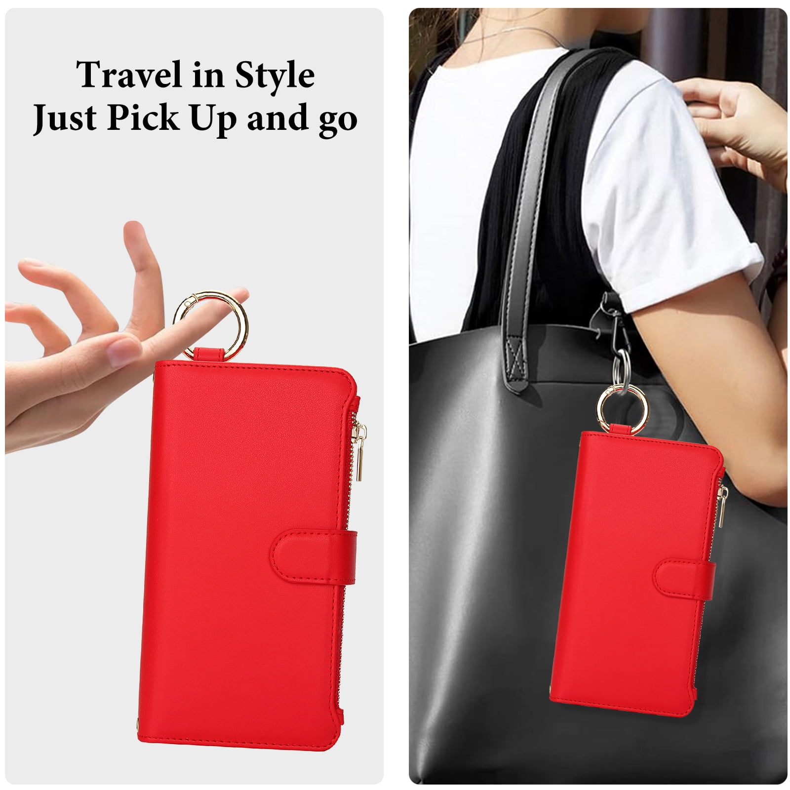 ELEHOLD For Samsung Galaxy Note 20 Phone Case Leather Crossbody Zipper Card Wallet Flip Case Kickstand Cover, with Ring Holder,Full Body Protection-Red