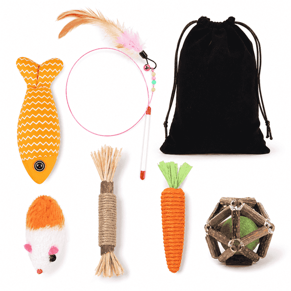 Cat Toys for Indoor Cats, 7 Pcs Interactive Cat Toy Set with Storage Bag, Feather Wand, Catnip Fish, Chew Stick, Sisal Carrot, Plush Mouse and Rattan Ball
