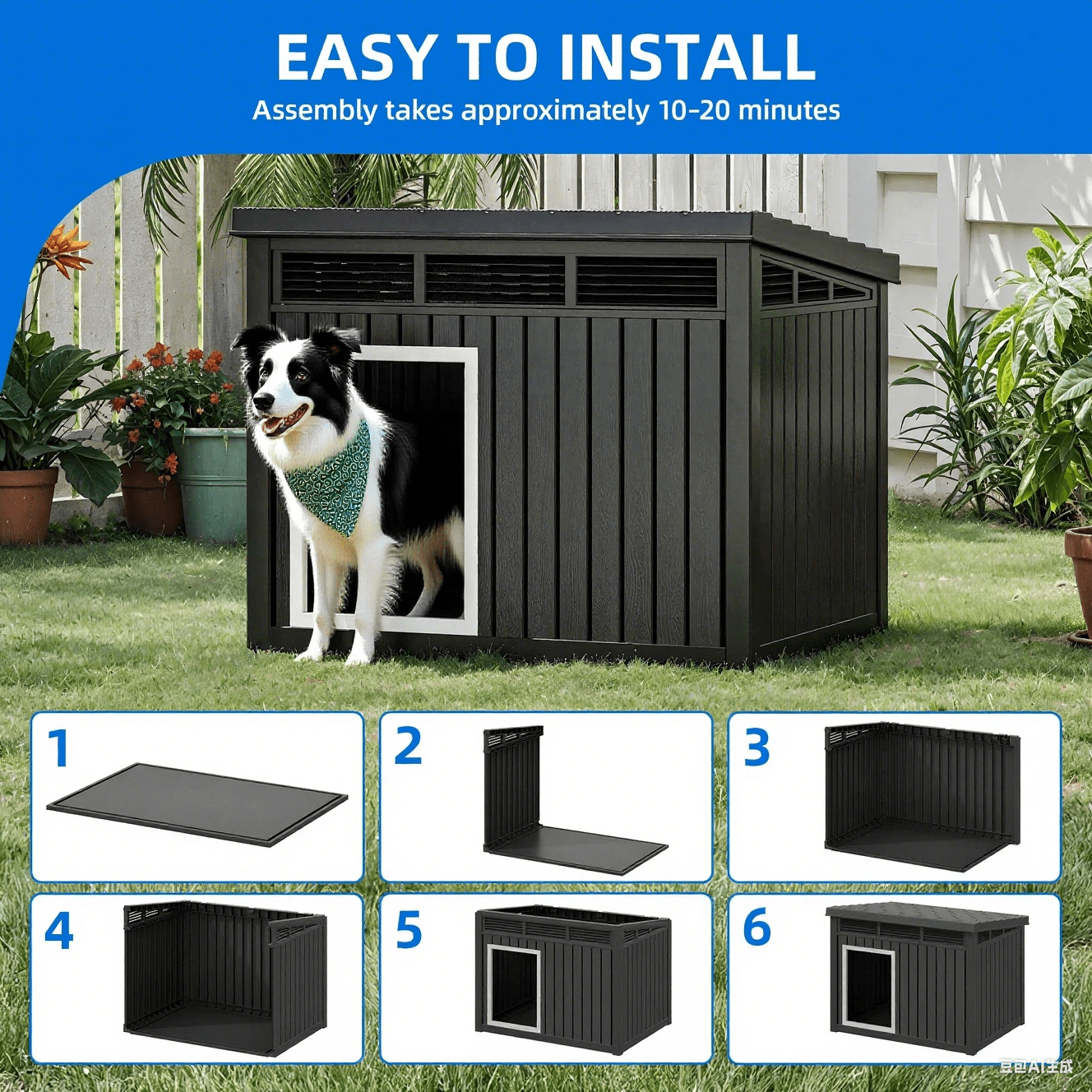 FICARTS Dog House for Both Indoor and Outdoor with Weatherproof Roof Removable Floors for Medium to Large Dogs Interior Space (Black, Medium(31.9"D x 24.8"W x 24.1"H))
