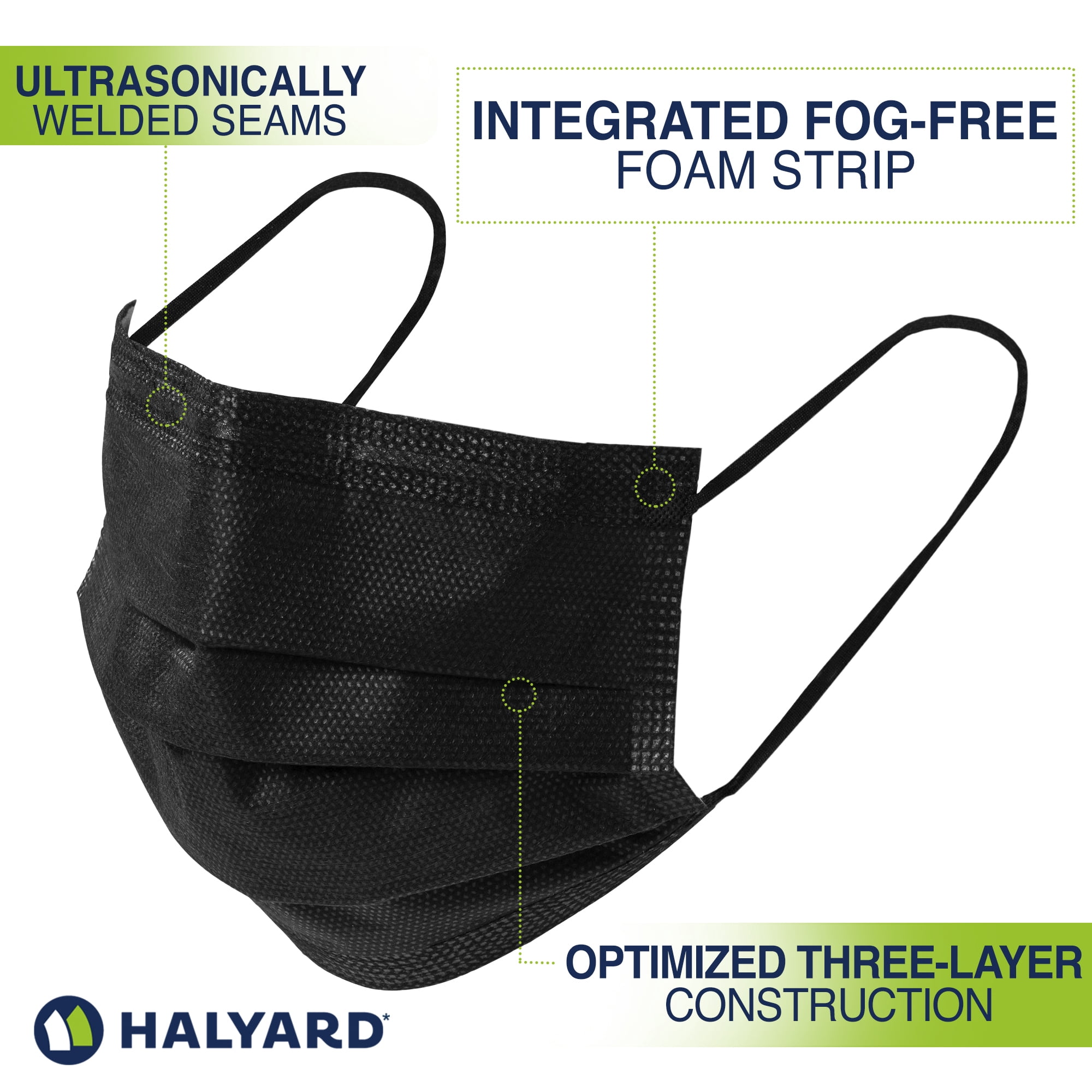 HALYARD Disposable Face Mask with Earloops, Fog-Free, Pleat Style, ASTM LEVEL 3 Procedure Mask, Healthcare, Medical, Dental – Black 49514 Case 500