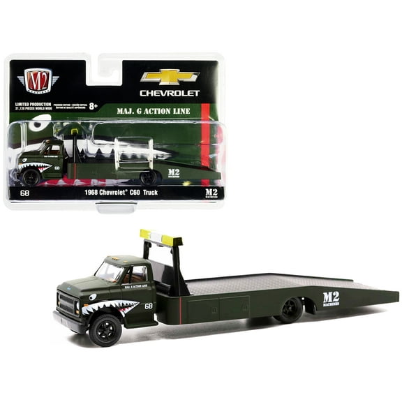 1968 Chevrolet C60 Flatbed Truck #68 Matt Dark Green w/Graphics "Maj. G Action Line" Ltd Ed 1/64 Diecast Model by M2 Machines