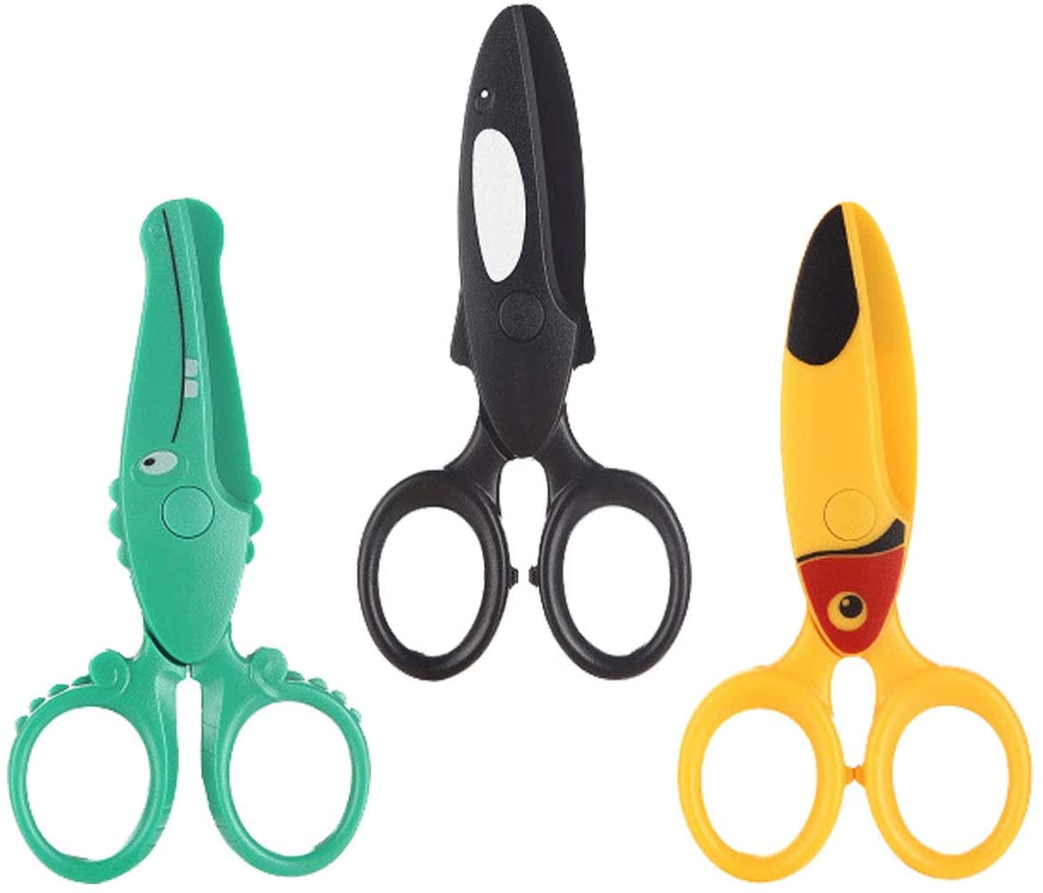 3 Pieces Cute Animal Toddler Safety Scissors, Kids Preschool Training Scissors Child Plastic Art Craft Scissors for Paper-Cut (Dolphin, Crocodile and Toucan Bird)