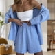 thumbnail image 5 of Traje Verano 2 Piezas Conjunto de pantalón corto de 2 piezas para mujer, cintura elástica, cuello vuelto, cuello en V, atuendo diario Kuymtek Azul Claro S para Mujer, 5 of 6
