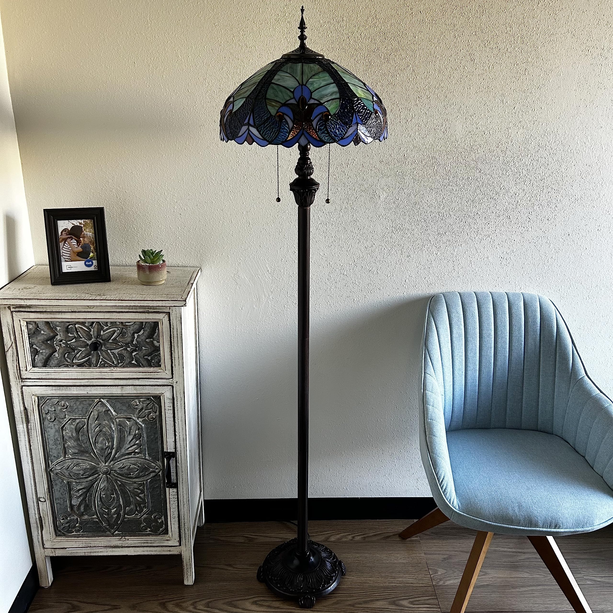 Tiffany Floor Lamp Blue Liaison Stained Glass LED Bulbs Included for Living Room Bedroom 16"W*16"D*64"H