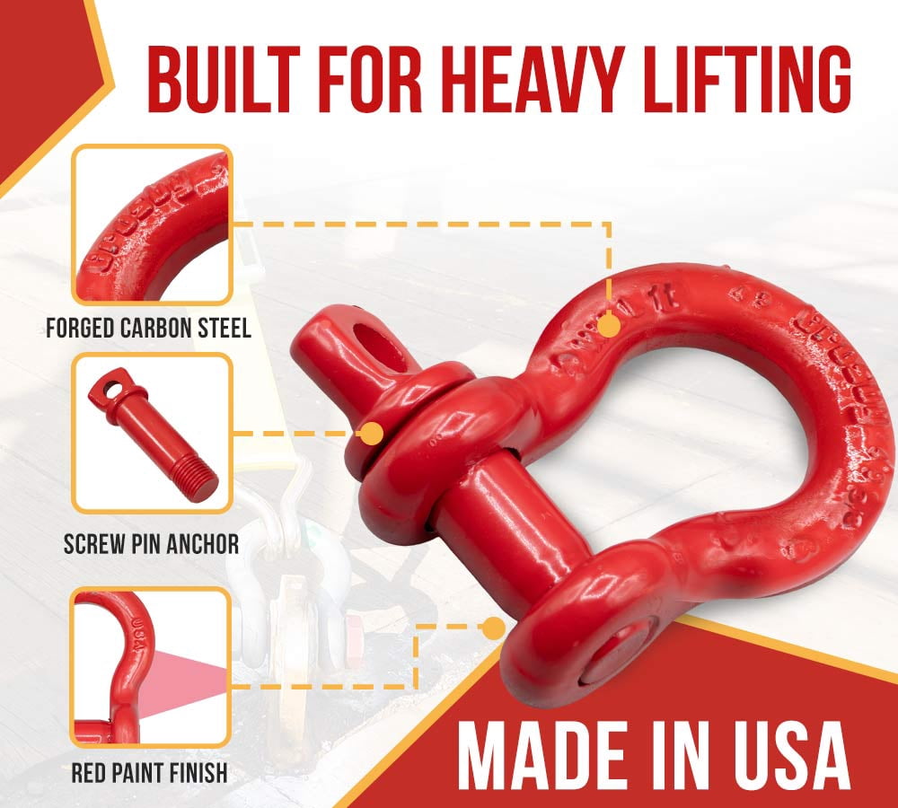 Crosby S-209 3/8" Anchor Shackle Carbon Steel w/Alloy Screw Pin 2,200 lbs WLL, Red Painted Heavy Duty D Ring Shackle for Towing, Rigging & Vehicle Recovery, 1018428