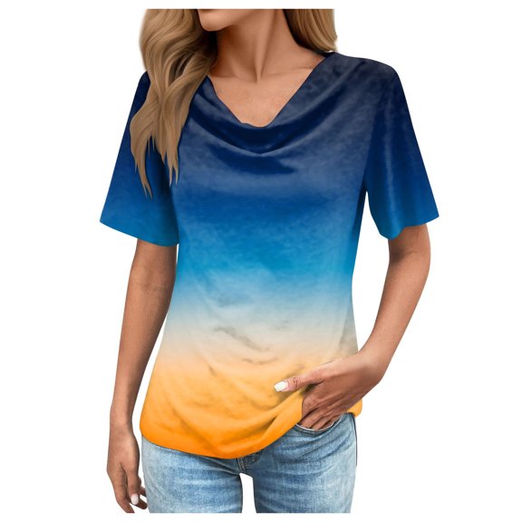 HBFAGFB Tshirts Shirts for Women Fashion Gradient Short Sleeved Summer Clothes Going Out Blue Size XXL