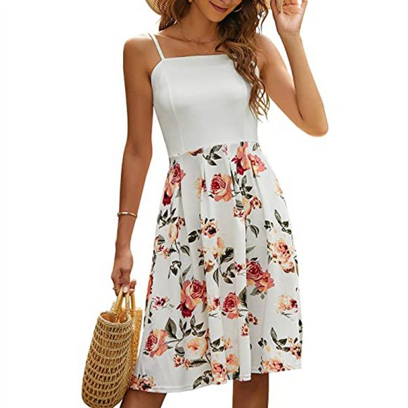 Women's Summer Printed Stitching Suspender Dress Sexy Tube A Line Beach Party Midi Dress
